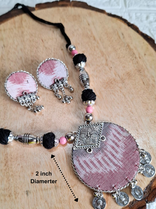 Pink Medium Round Sambalpuri Fabric Necklace Set With Earrings