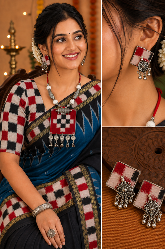 Red & White Round Medium Sambalpuri Fabric Necklace Set With Earrings