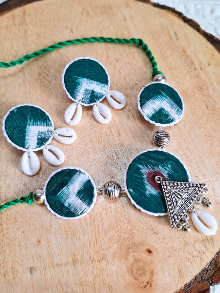 Dark Green Sambalpuri Fabric Choker Set with Earrings
