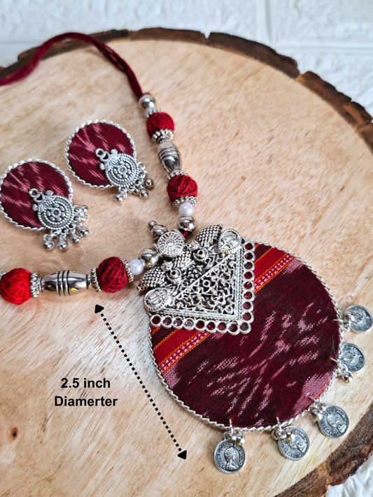 Maroon Round Big Sambalpuri Fabric Necklace Set With Earrings