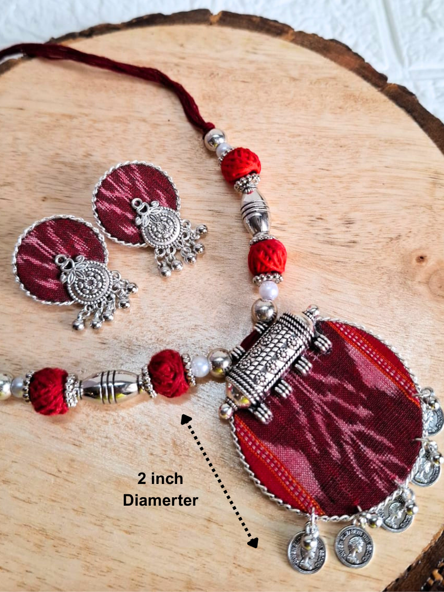 Maroon Medium Sambalpuri Fabric Necklace Set With Earrings