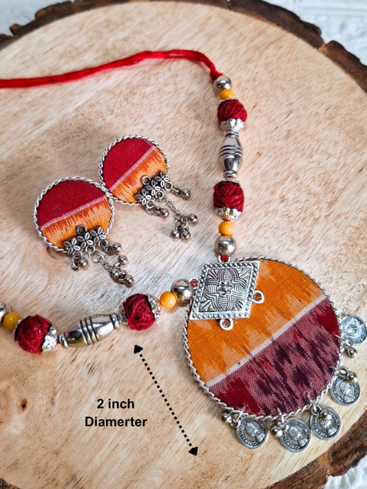 Red & Yellow Round Medium Sambalpuri Fabric Necklace Set With Earrings