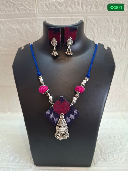 Blue and Pink Square Small Sambalpuri Fabric Necklace Set With Earrings