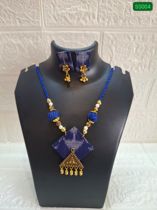 Blue and Golden Square Small Sambalpuri Fabric Necklace Set With Earrings