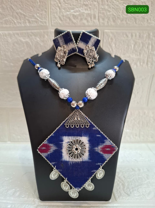 Royal Blue Big Square Sambalpuri Necklace Set With Earrings