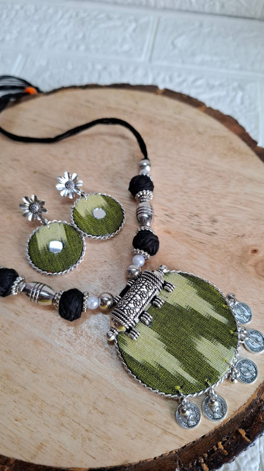 Mehendi Green Medium Sambalpuri Fabric Necklace Set With Earrings