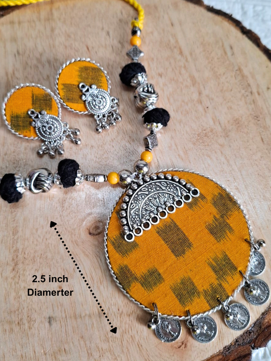Yellow Round Big Sambalpuri Fabric Necklace Set With Earrings