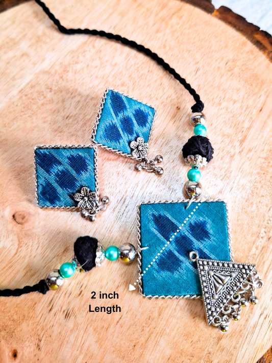 Torquise Blue Square Small Sambalpuri Fabric Necklace Set With Earrings