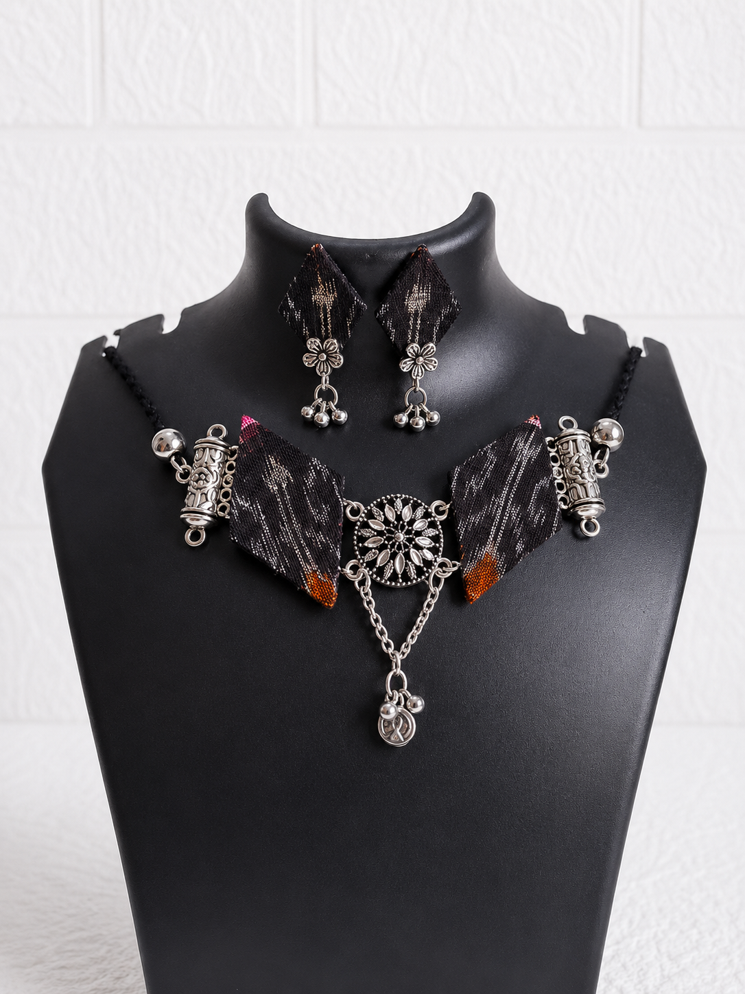 Black Sambalpuri Fabric Choker Set with Earrings