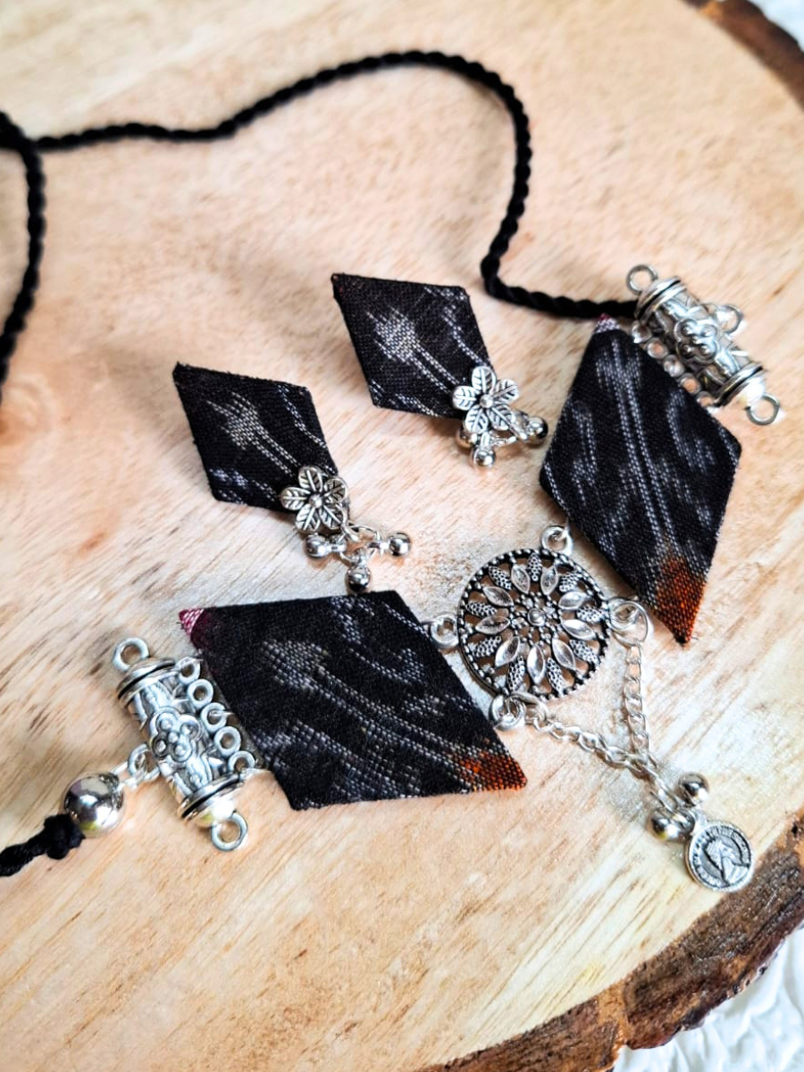 Black Sambalpuri Fabric Choker Set with Earrings