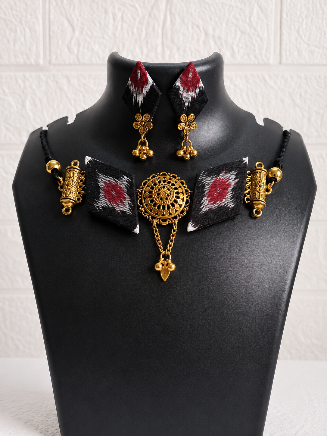 Black Sambalpuri Fabric Choker Set with Earrings