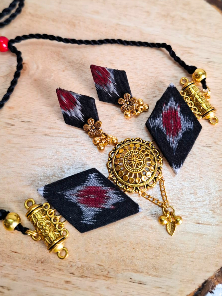 Black Sambalpuri Fabric Choker Set with Earrings