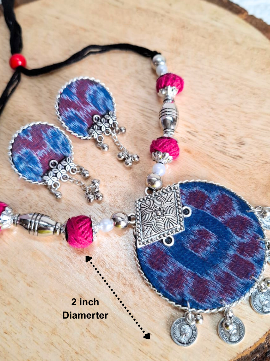 Pink & Blue Round Medium Necklace Set With Earrings