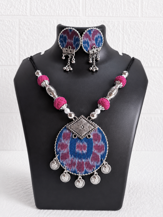 Pink & Blue Round Medium Necklace Set With Earrings
