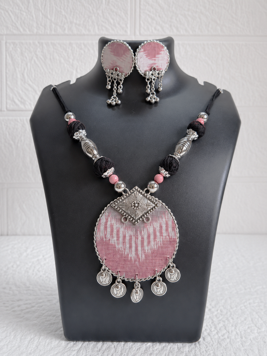 Pink Medium Round Sambalpuri Fabric Necklace Set With Earrings