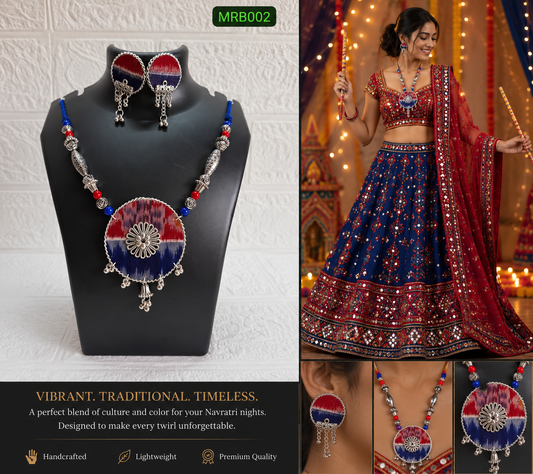 Red & Blue Round Medium Necklace Set With Earrings
