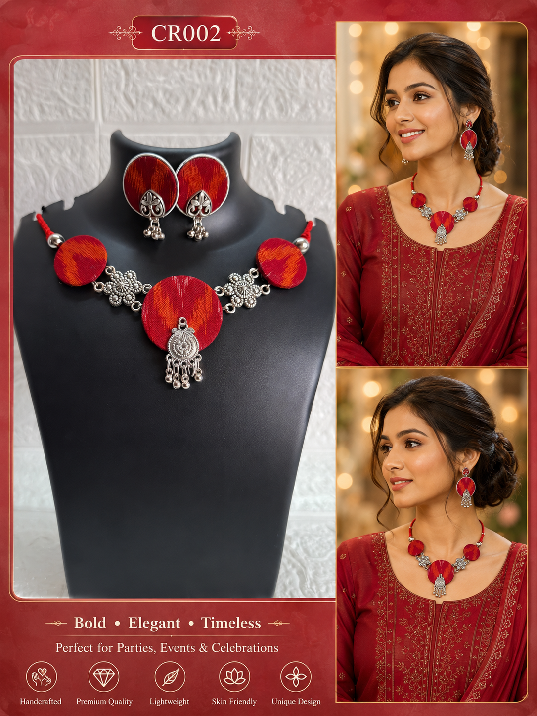 Red & Silver Sambalpuri Fabric Choker Set with Earrings