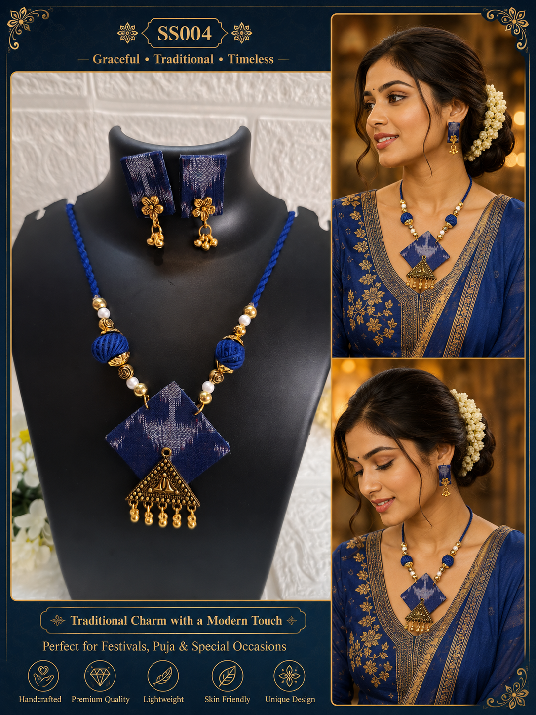 Blue and Golden Square Small Sambalpuri Fabric Necklace Set With Earrings