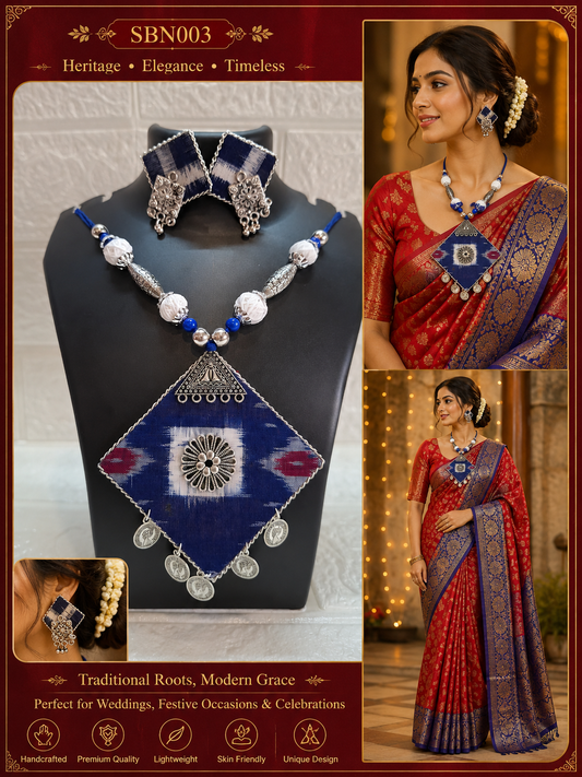 Royal Blue Big Square Sambalpuri Necklace Set With Earrings