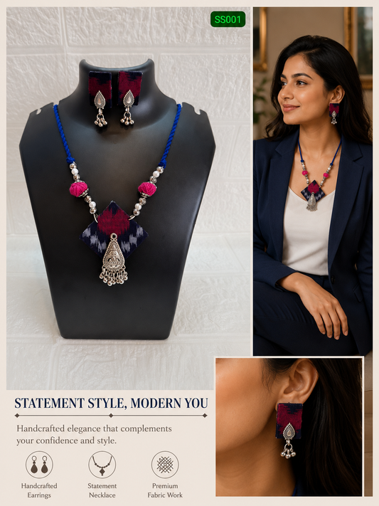 Blue and Pink Square Small Sambalpuri Fabric Necklace Set With Earrings