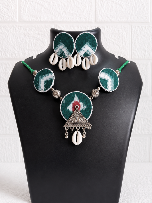 Dark Green Sambalpuri Fabric Choker Set with Earrings