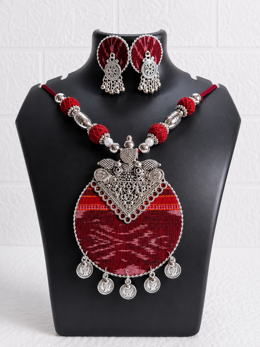 Maroon Round Big Sambalpuri Fabric Necklace Set With Earrings