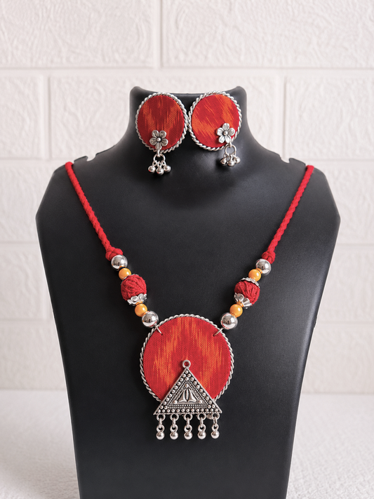 Red Round Small Sambalpuri Fabric Necklace Set With Earrings