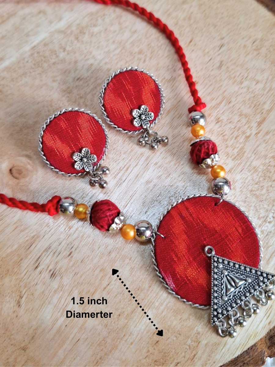 Red Round Small Sambalpuri Fabric Necklace Set With Earrings