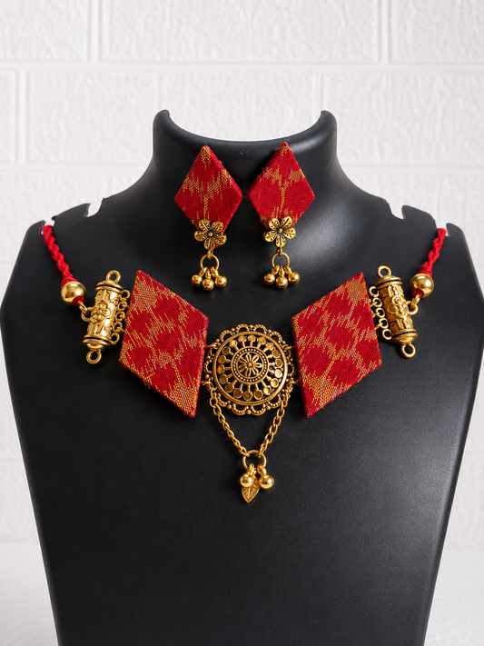 Red & Golden Sambalpuri Fabric Choker Set with Earrings