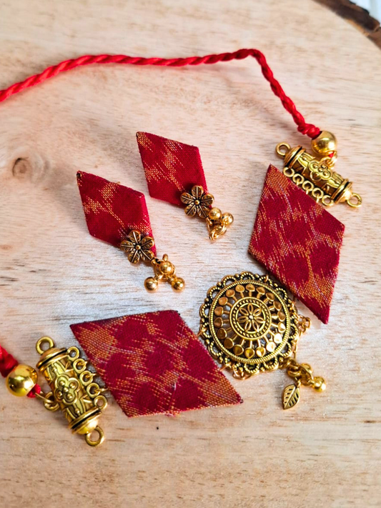 Red & Golden Sambalpuri Fabric Choker Set with Earrings