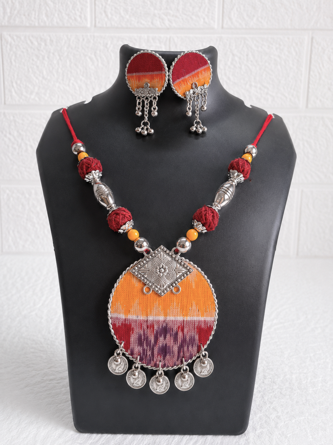 Red & Yellow Round Medium Sambalpuri Fabric Necklace Set With Earrings