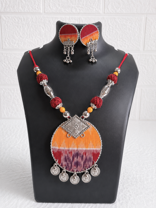 Red & Yellow Round Medium Sambalpuri Fabric Necklace Set With Earrings