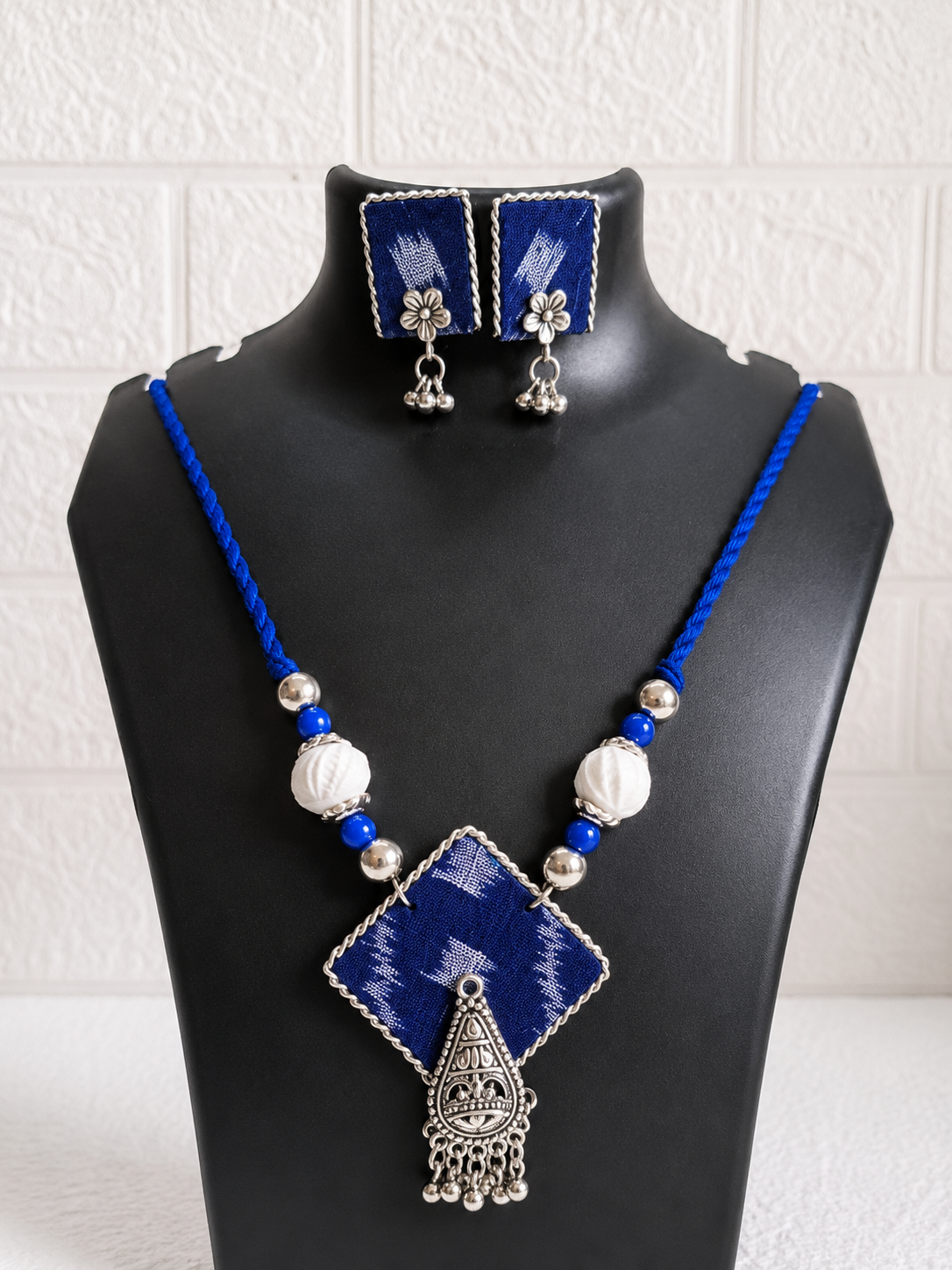 Royal Blue Square Small Sambalpuri Fabric Necklace Set With Earrings