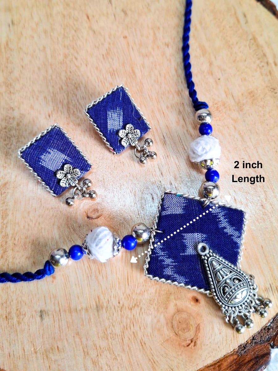 Royal Blue Square Small Sambalpuri Fabric Necklace Set With Earrings