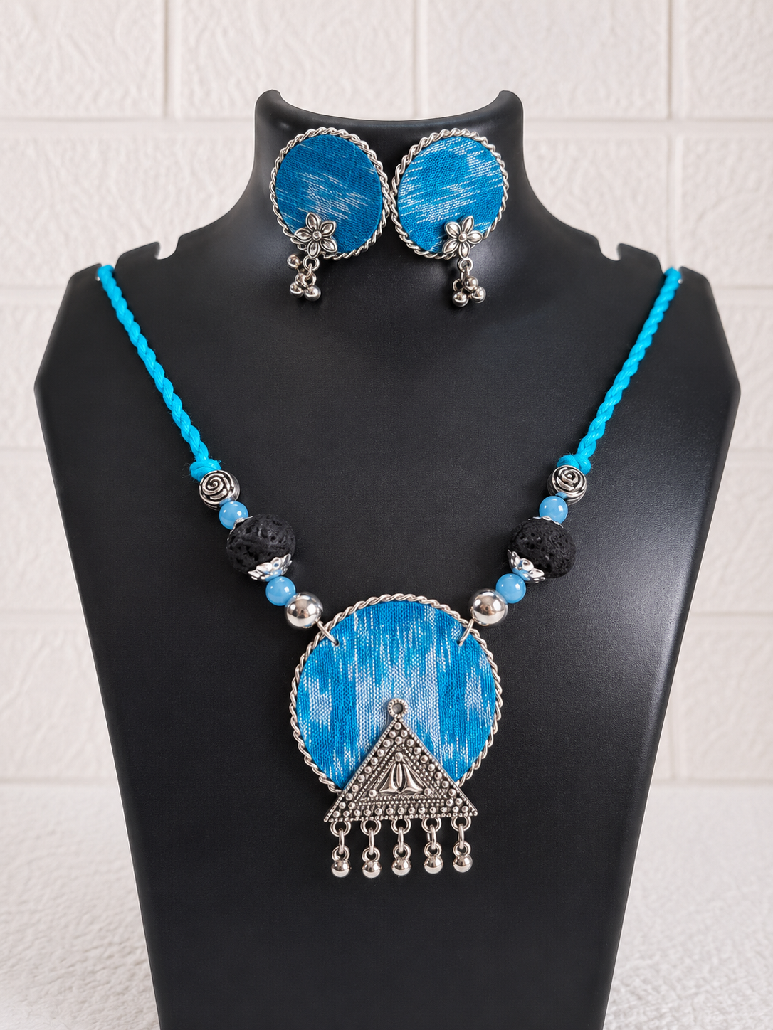 Sky Blue Round Small Sambalpuri Fabric Necklace Set With Earrings