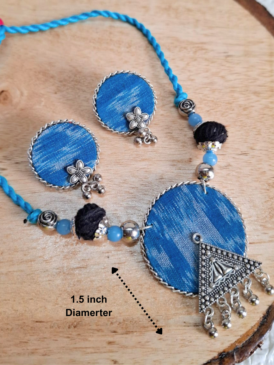 Sky Blue Round Small Sambalpuri Fabric Necklace Set With Earrings