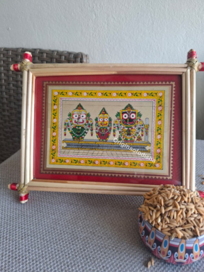 Tini Thakura Palm-Leaf Pattachitra Frame (Jagannath, Balabhadra, Subhadra)