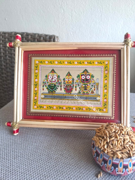 Tini Thakura Palm-Leaf Pattachitra Frame (Jagannath, Balabhadra, Subhadra)