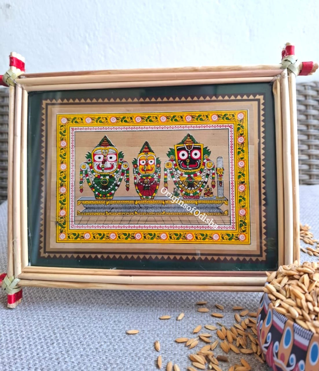 Tini Thakura Palm-Leaf Pattachitra Frame (Jagannath, Balabhadra, Subhadra)