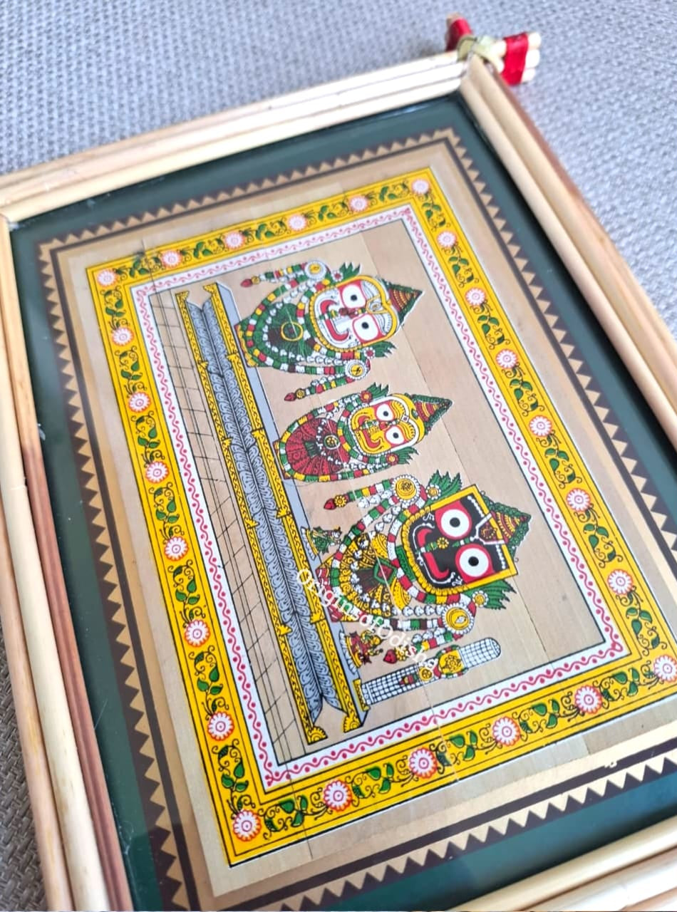 Tini Thakura Palm-Leaf Pattachitra Frame (Jagannath, Balabhadra, Subhadra)