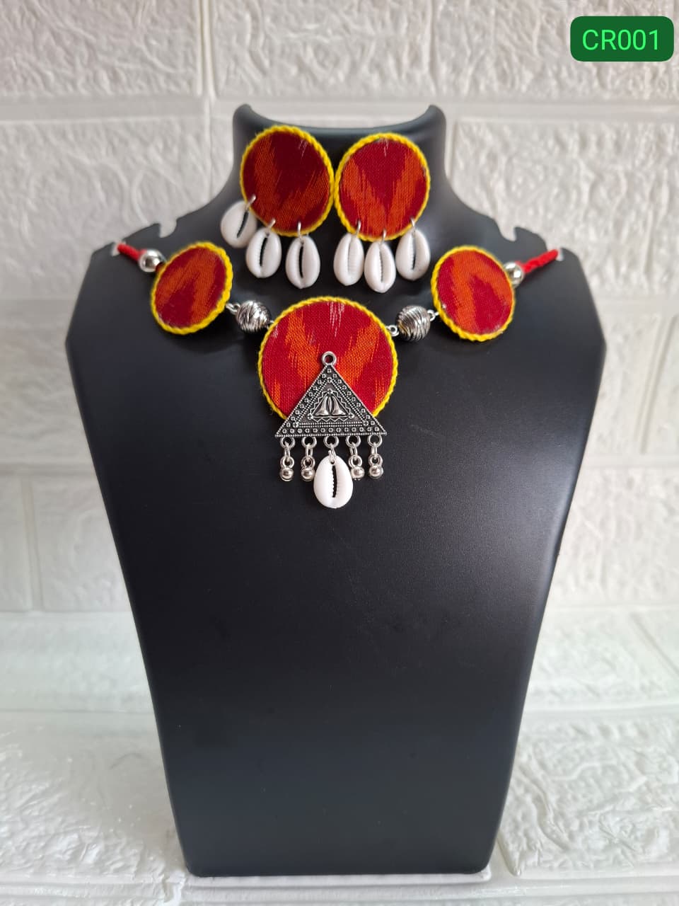 Red with Sea Shells Sambalpuri Fabric Choker Set with Earrings