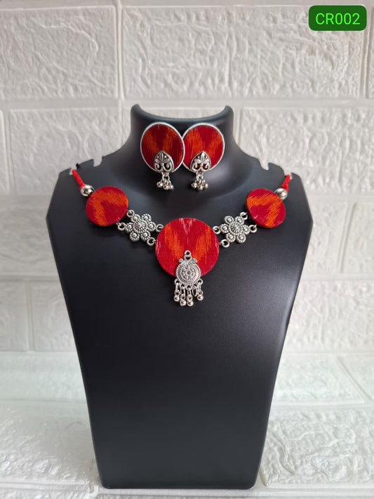 Red & Silver Sambalpuri Fabric Choker Set with Earrings