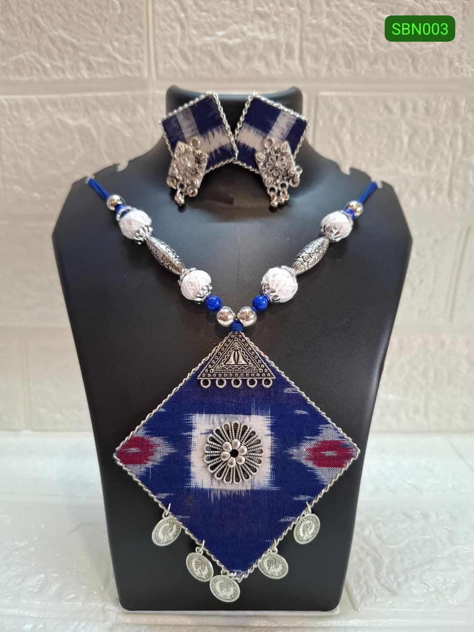 Royal Blue Big Square Sambalpuri Necklace Set With Earrings