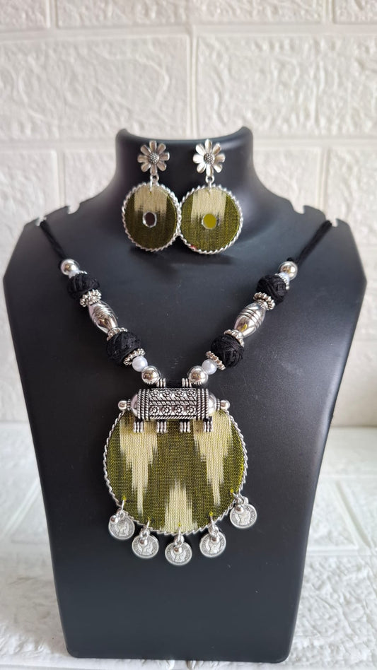 Mehendi Green Medium Sambalpuri Fabric Necklace Set With Earrings