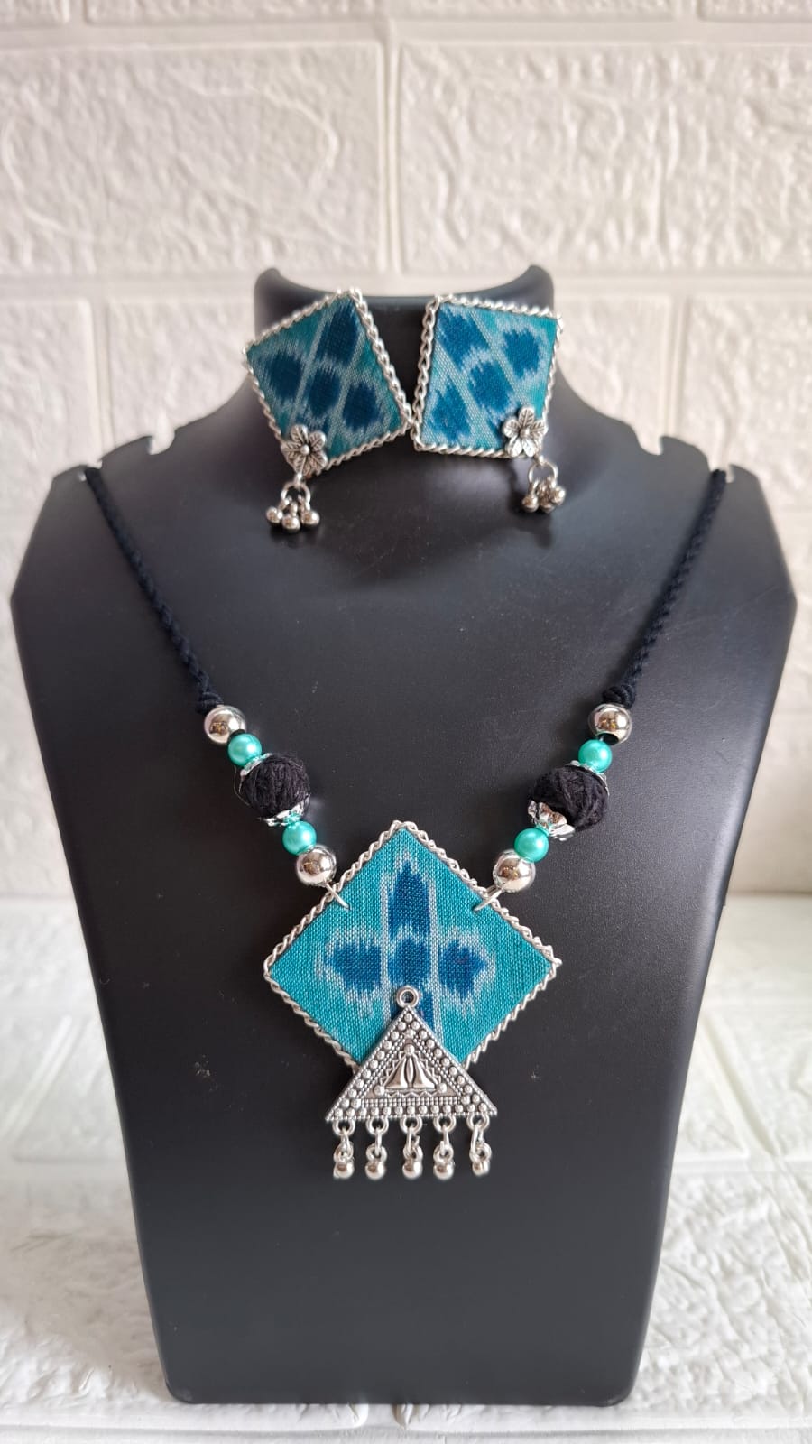 Torquise Blue Square Small Sambalpuri Fabric Necklace Set With Earrings