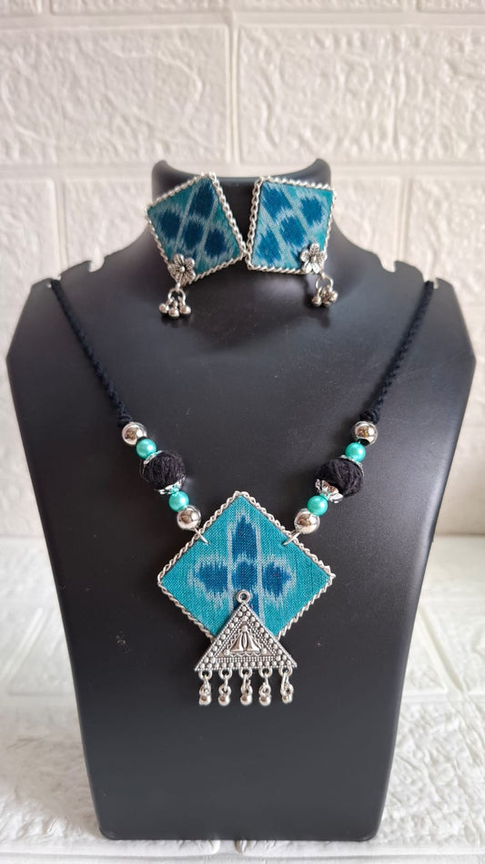 Torquise Blue Square Small Sambalpuri Fabric Necklace Set With Earrings