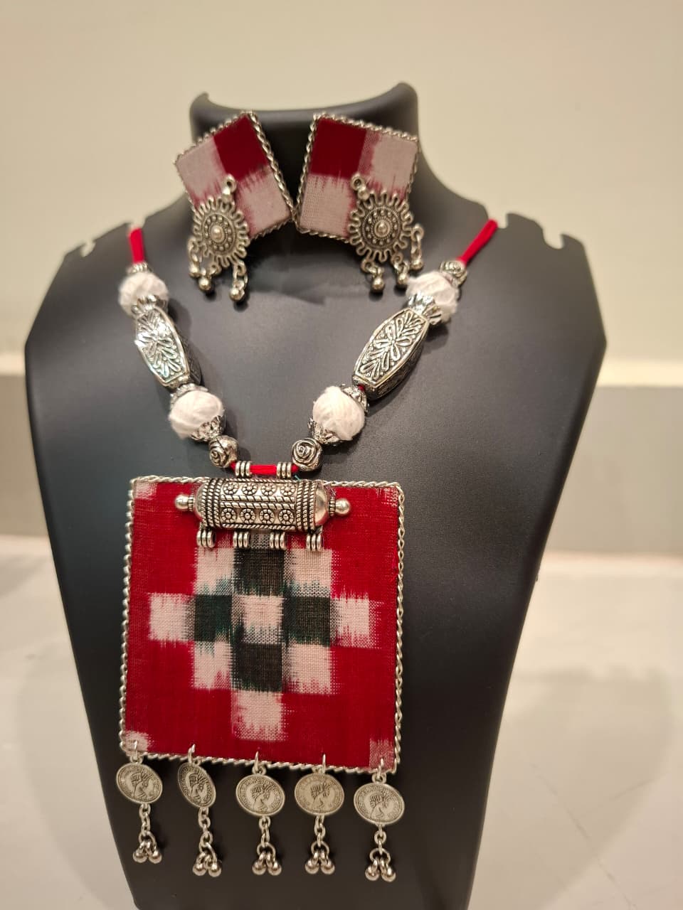 Pasapali Design Big Square Sambalpuri Necklace Set With Earrings