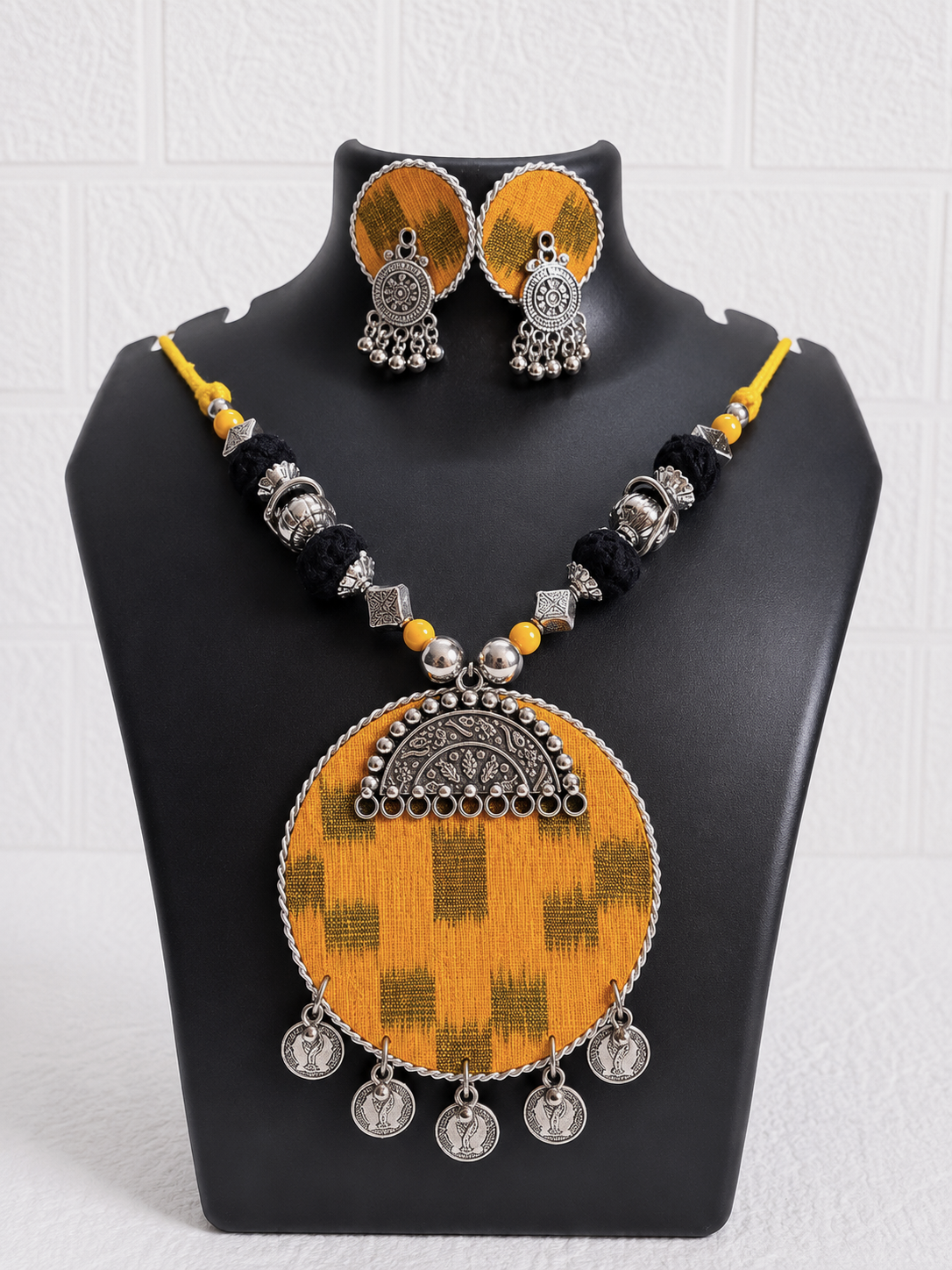 Yellow Round Big Sambalpuri Fabric Necklace Set With Earrings
